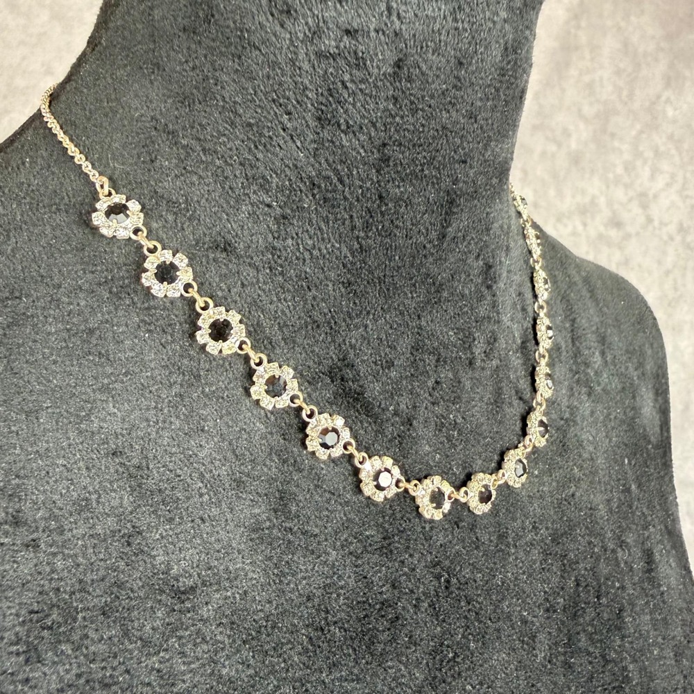 Vtg Black Clear Rhinestone Floral Silver Chocker Necklace Whimsygoth 90s Y2K - Picture 7 of 9